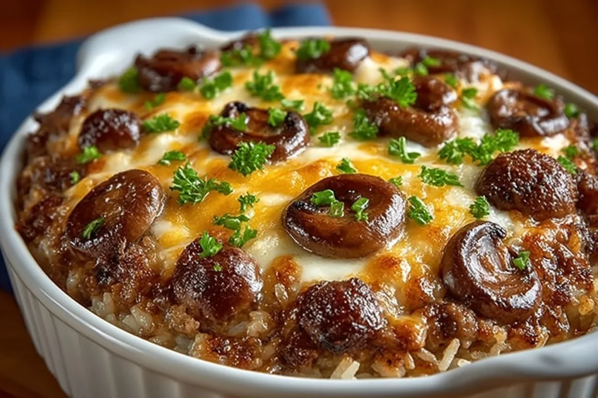 Creamy beef and mushroom rice bake dish served in a bowl