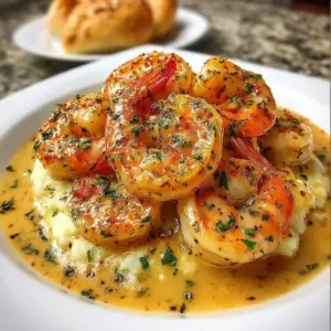 Creamy garlic shrimp served with herbs and spices in a gourmet dish