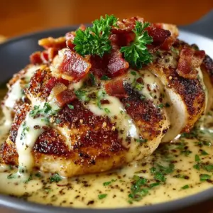 Creamy honey mustard chicken topped with crispy bacon and parsley in a skillet