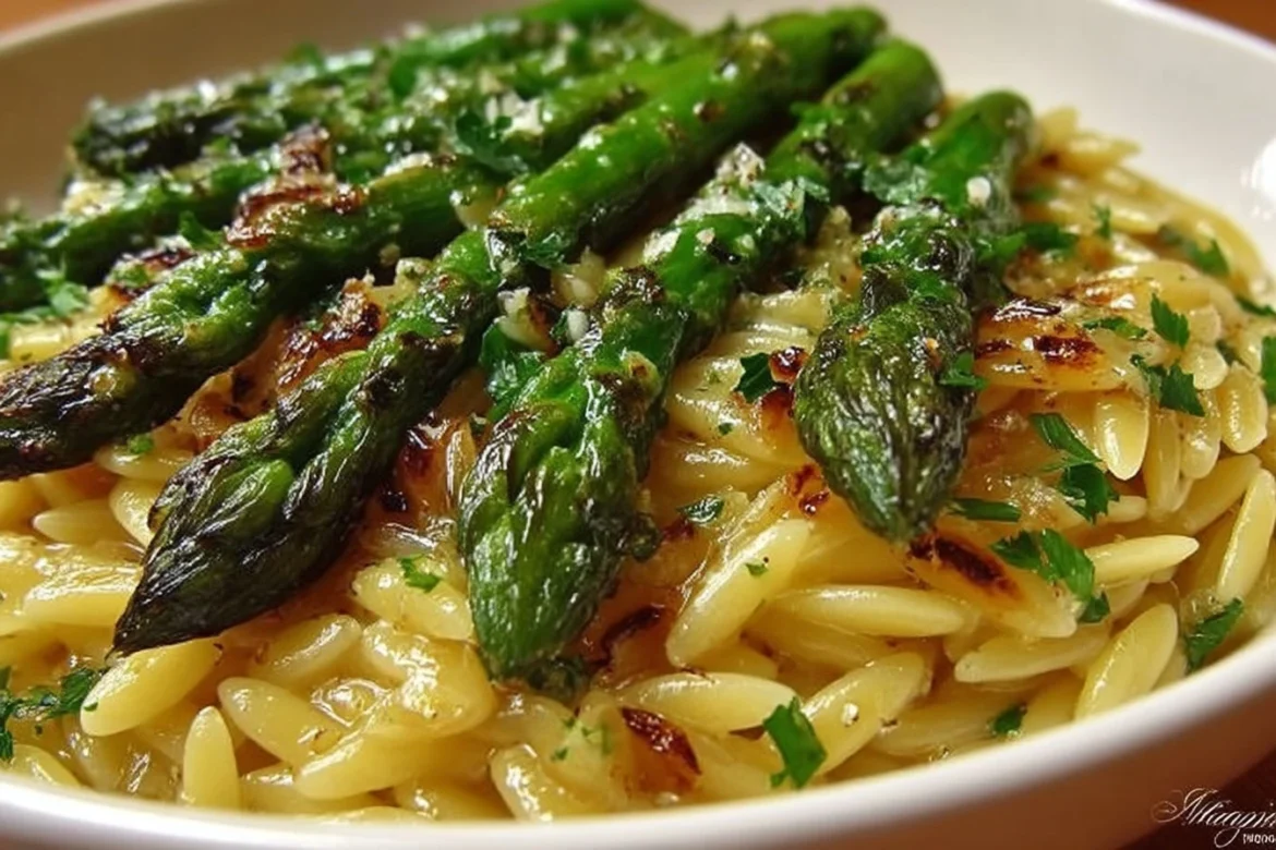 Creamy orzo dish with garlic butter asparagus on a plate