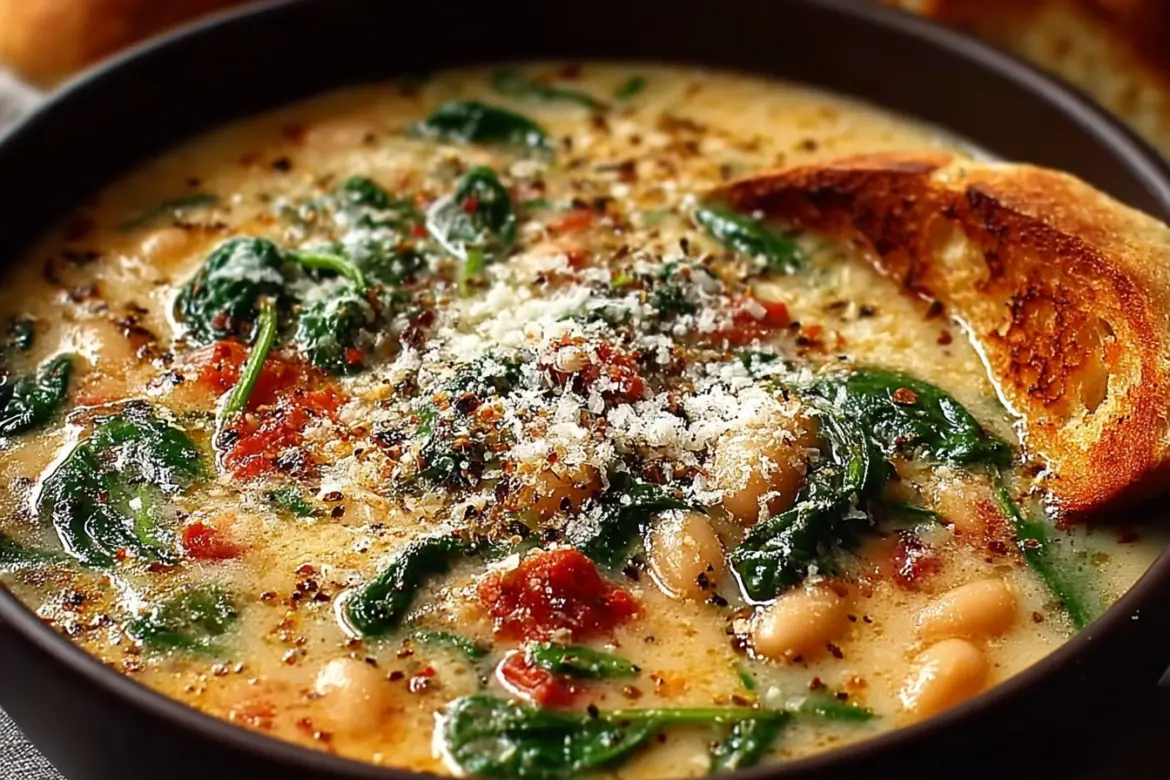 Bowl of Creamy Parmesan Tuscano Soup garnished with herbs