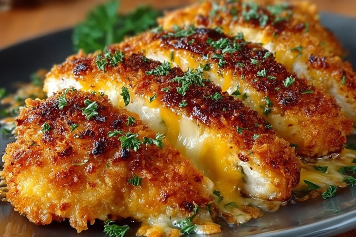 Delicious Crispy Cheddar Chicken served on a plate with herbs and sides.
