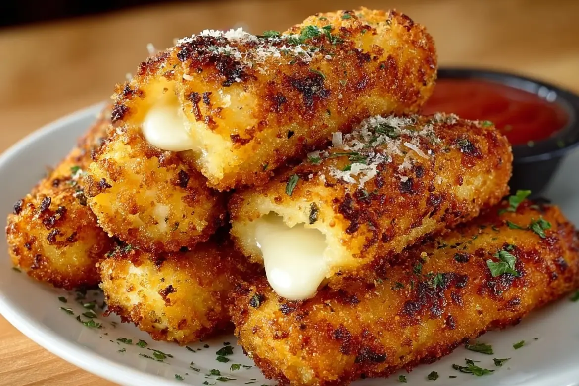 Plate of crispy mozzarella bites with marinara sauce on the side