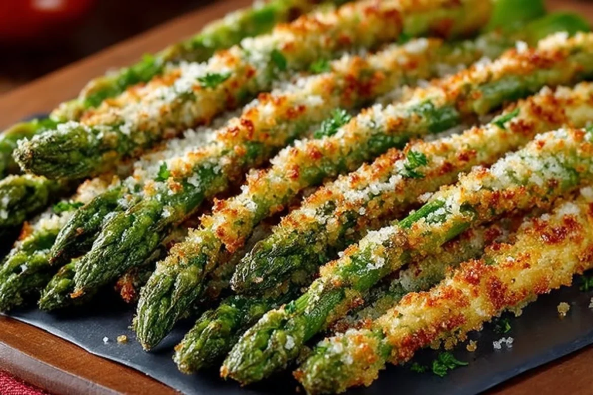 Crispy Parmesan asparagus sticks on a plate, garnished and ready to eat.