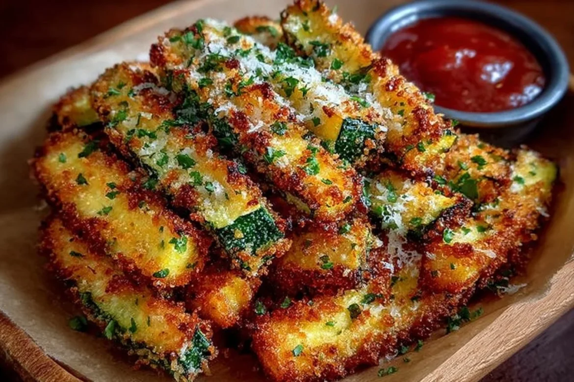 Crispy Parmesan garlic zucchini fries served on a plate