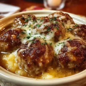 Crock pot full of French onion meatballs topped with melted mozzarella