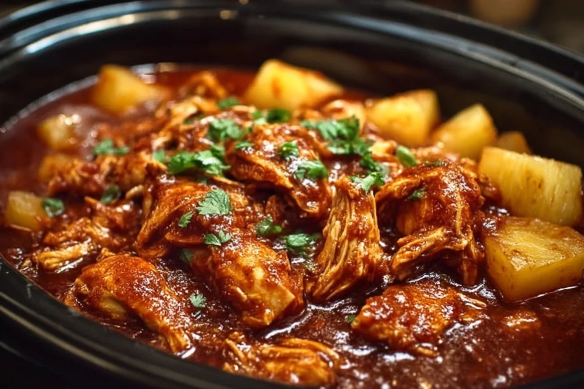 Crockpot Pineapple BBQ Chicken served on a plate with pineapple slices