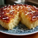 Slice of crustless coconut pie with golden top on a dessert plate