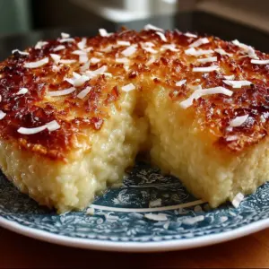 Slice of crustless coconut pie with golden top on a dessert plate