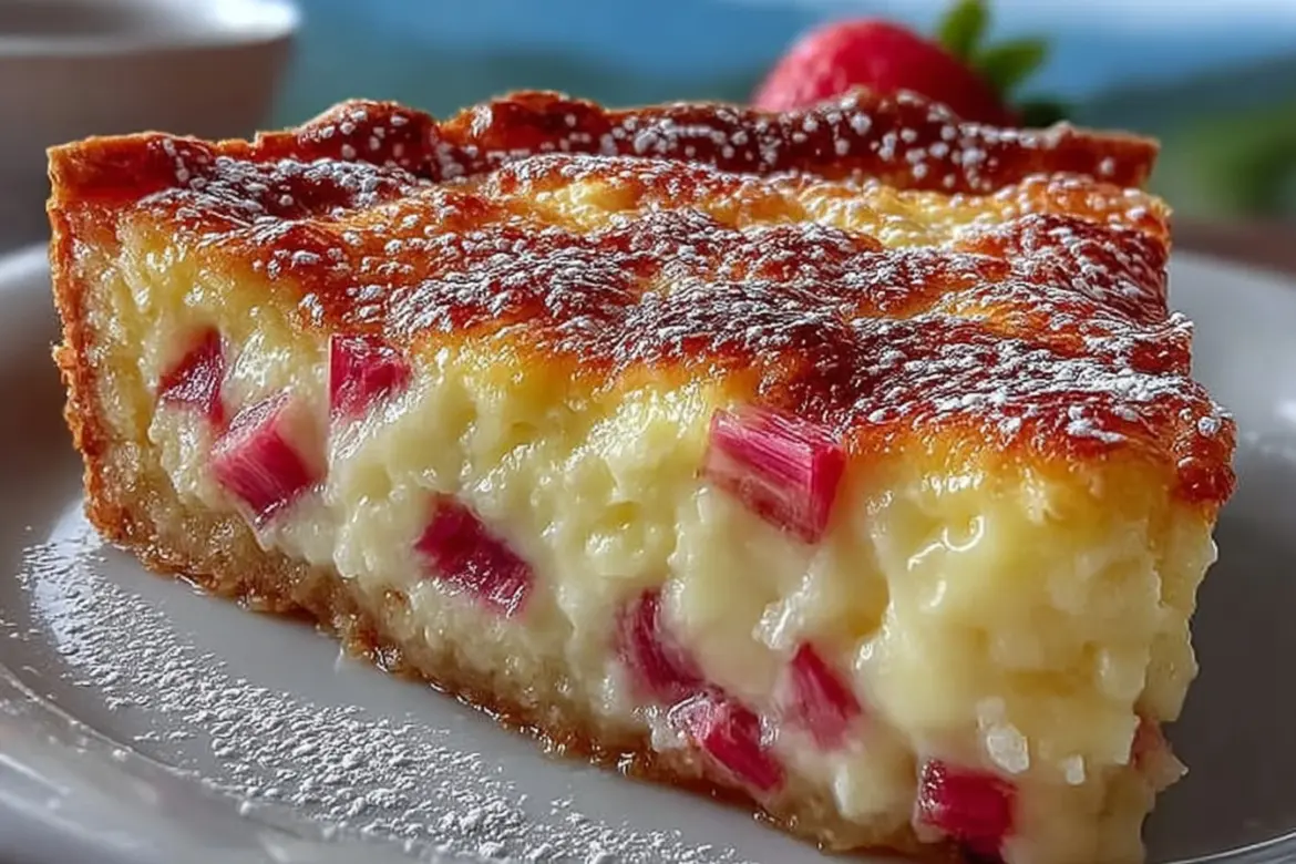 Crustless rhubarb custard pie slice on a plate with fresh rhubarb on the side
