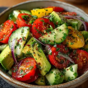 Alt image: A colorful bowl of Cucumber Tomato Avocado Salad with chopped veggies and a lemon wedge
