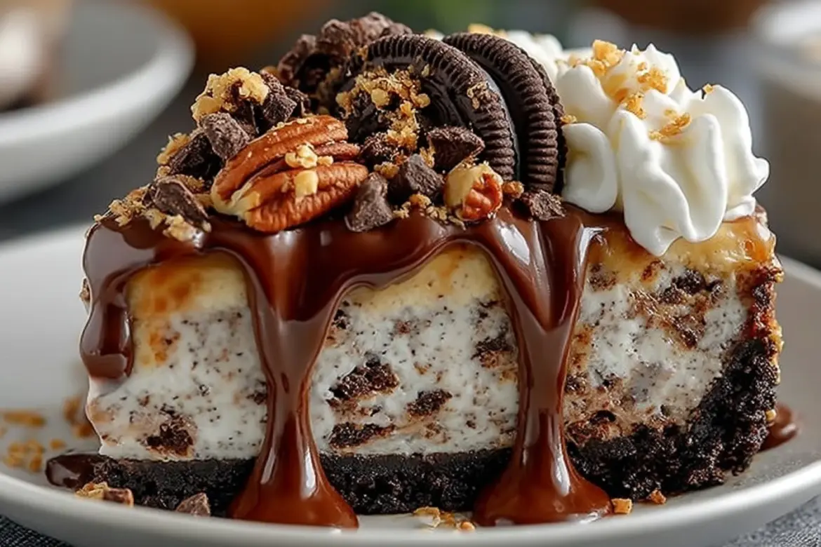 Decadent no-bake German chocolate cheesecake with chocolate and coconut topping