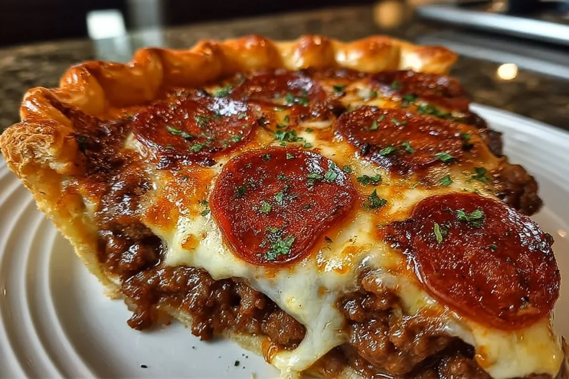 Delicious deep hamburger pie with sausage and pepperoni, ready to serve.