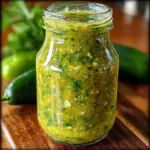 Bottle of Dill Pickle Hot Sauce on a wooden table with fresh dill and pickles.