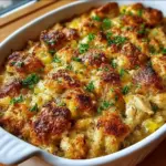 Golden-baked chicken and stuffing casserole in a white dish, topped with melted cheese