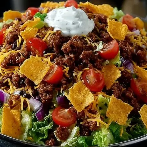 Delicious Dorito Taco Salad with colorful toppings and crunchy Doritos