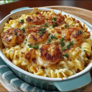Baked shrimp scampi pasta topped with melted cheese and parsley in a casserole dish