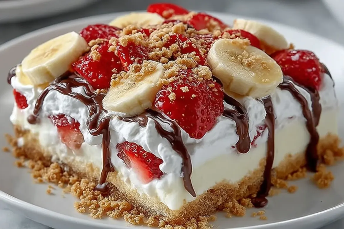 No-bake banana split cake with layers of bananas, whipped cream, and chocolate drizzle