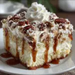 Slice of Elvis Presley Cake topped with cream cheese frosting and crushed pecans on a white plate