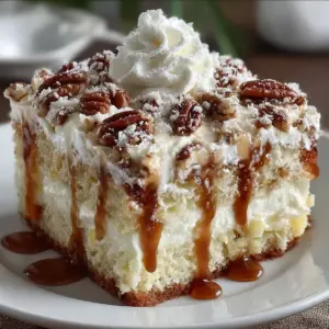Slice of Elvis Presley Cake topped with cream cheese frosting and crushed pecans on a white plate