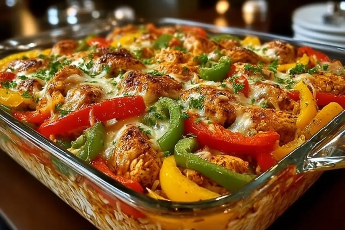 Fajita chicken casserole with peppers and cheese in a baking dish