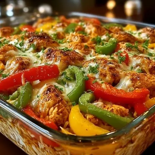 Fajita chicken casserole with peppers and cheese in a baking dish