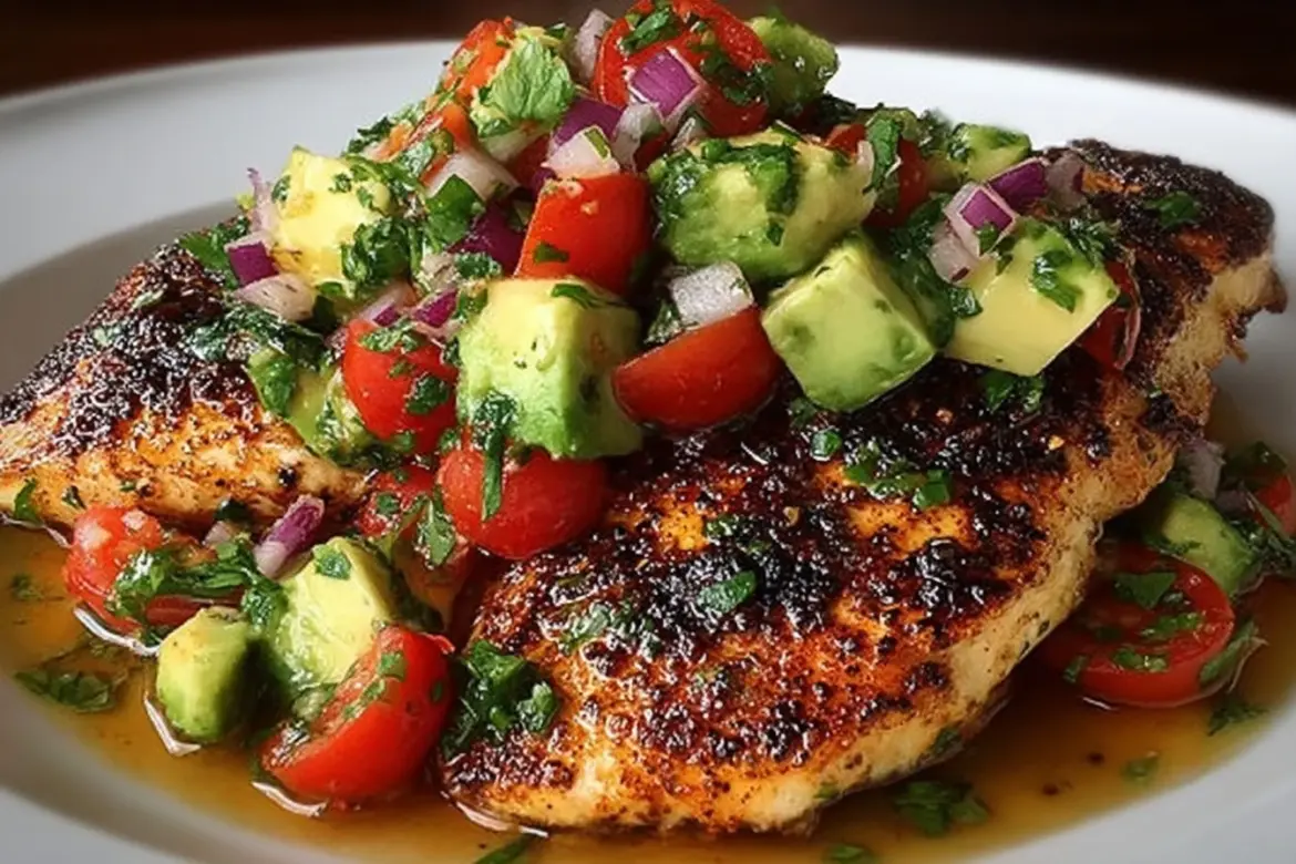 Plate of Fiesta Lime Chicken garnished with avocado salsa