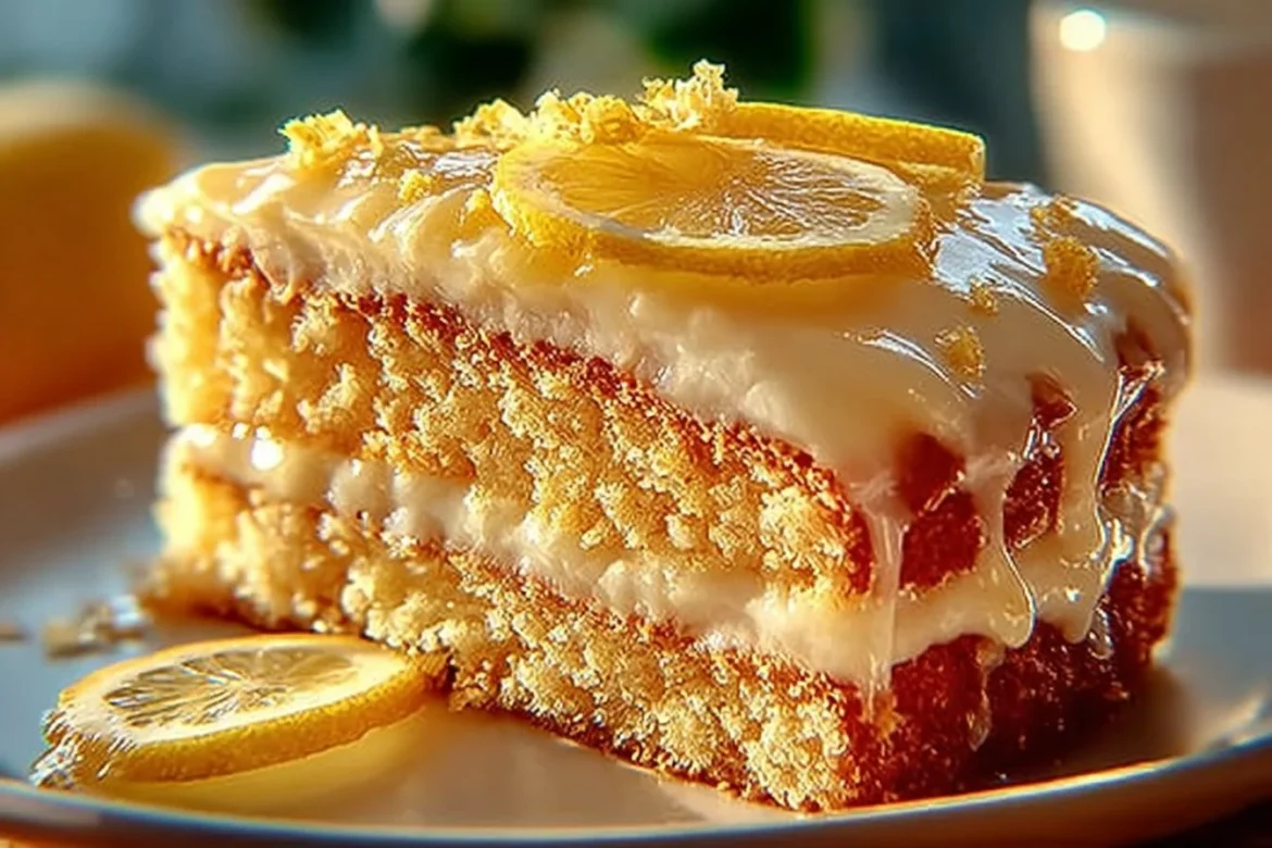 Slice of flourless ricotta cake with lemon and almond garnishes