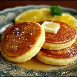 Stack of fluffy lemon vanilla butter pancakes topped with fresh berries and syrup