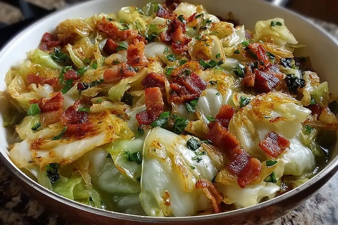 Plate of fried cabbage with bacon, onion, and garlic, garnished for serving.