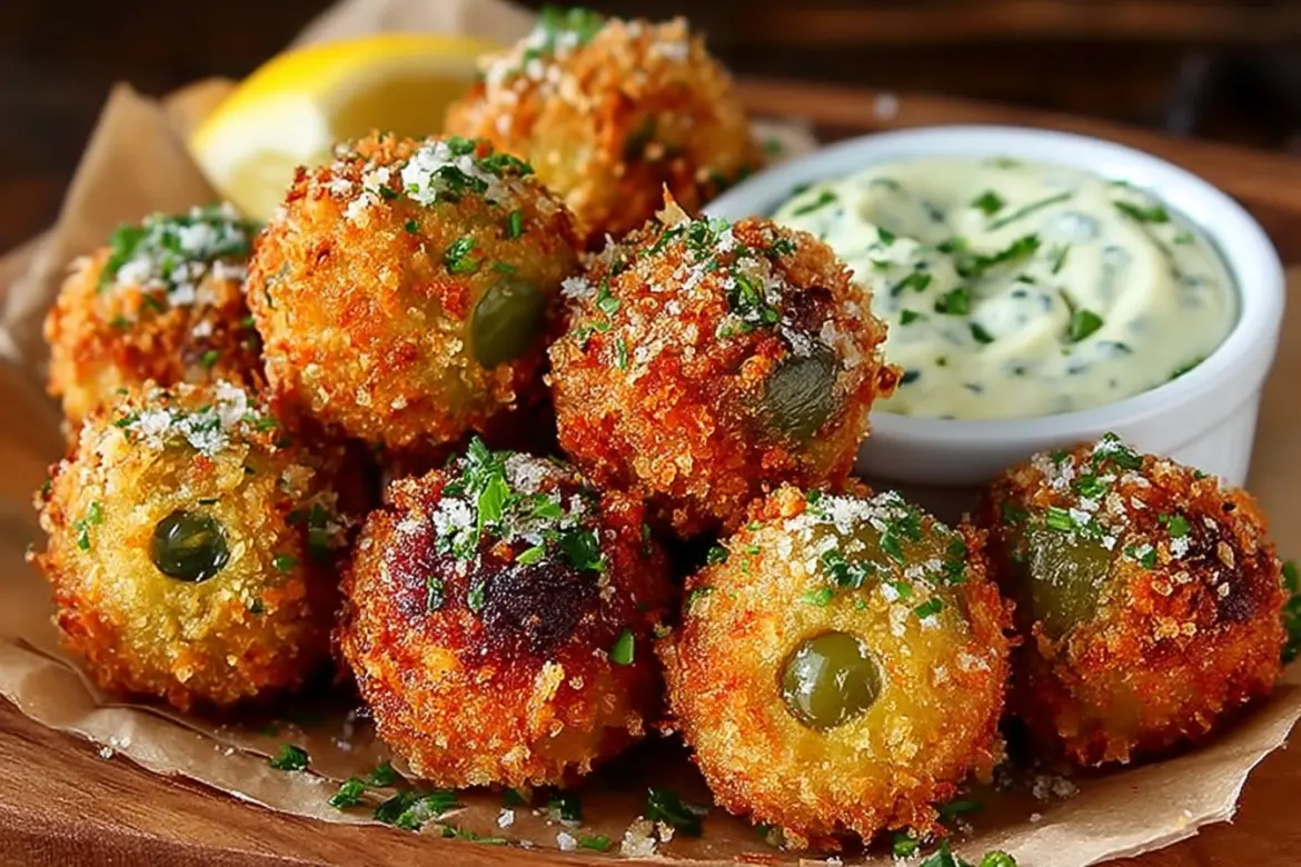 Plate of crispy fried olives with garlic aioli dipping sauce