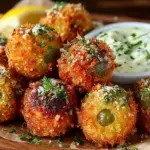 Plate of crispy fried olives with garlic aioli dipping sauce