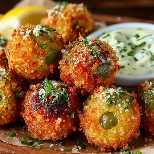 Plate of crispy fried olives with garlic aioli dipping sauce