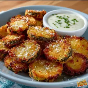 Platter of crispy fried pickles served with dipping sauce