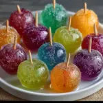 A bowl of Frozen Candy Grapes coated in vibrant Jello colors on a summer table