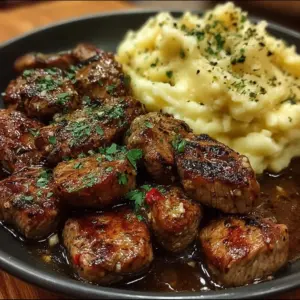 Garlic Butter Beef Bites served over creamy mashed potatoes with chive garnish