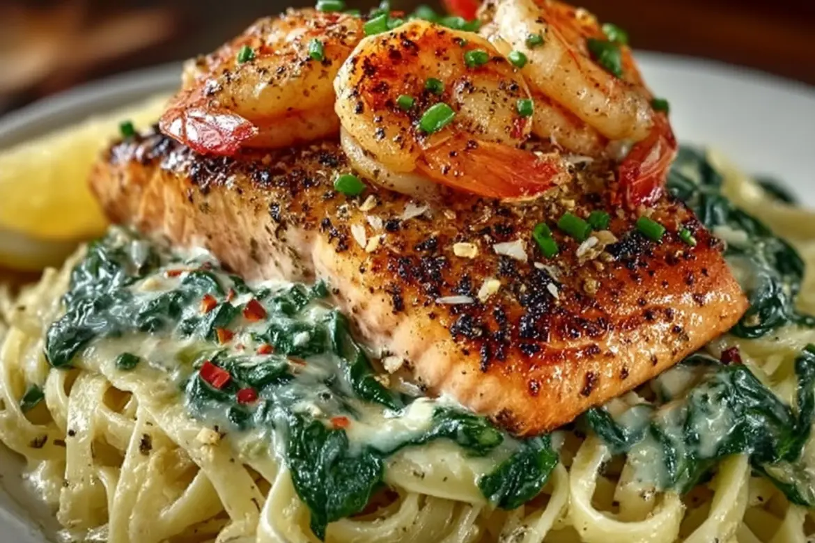 Delicious garlic butter salmon and shrimp alongside creamy spinach linguine