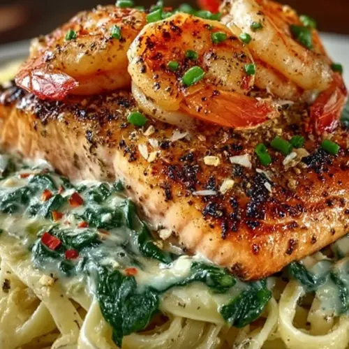 Delicious garlic butter salmon and shrimp alongside creamy spinach linguine