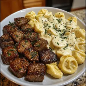 Succulent garlic butter steak bites served with creamy alfredo tortellini