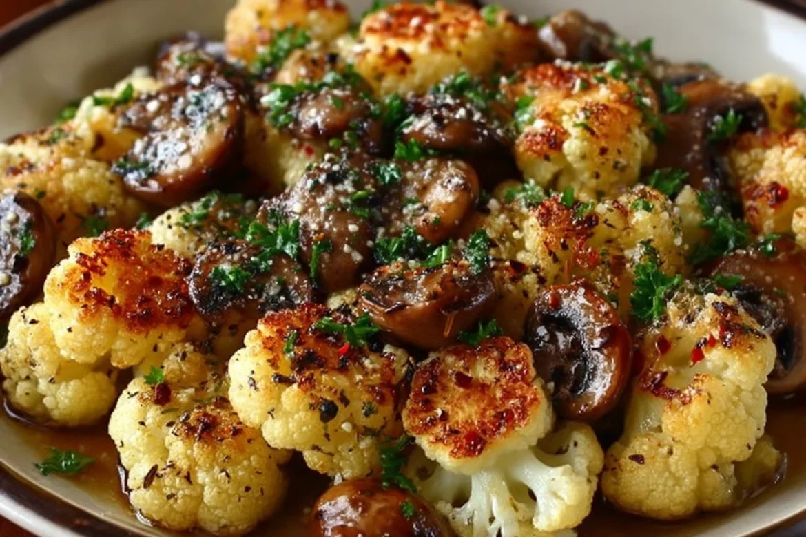 Delicious Garlic Cauliflower and Mushrooms dish served in a bowl