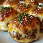 Golden-baked cheeseburger bombs on a tray, topped with garlic butter and parsley