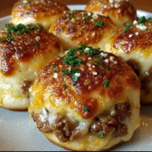 Golden-baked cheeseburger bombs on a tray, topped with garlic butter and parsley