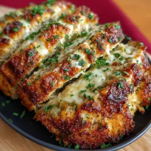 Sliced Garlic Parmesan Chicken Meatloaf topped with melted mozzarella and parsley in a loaf pan