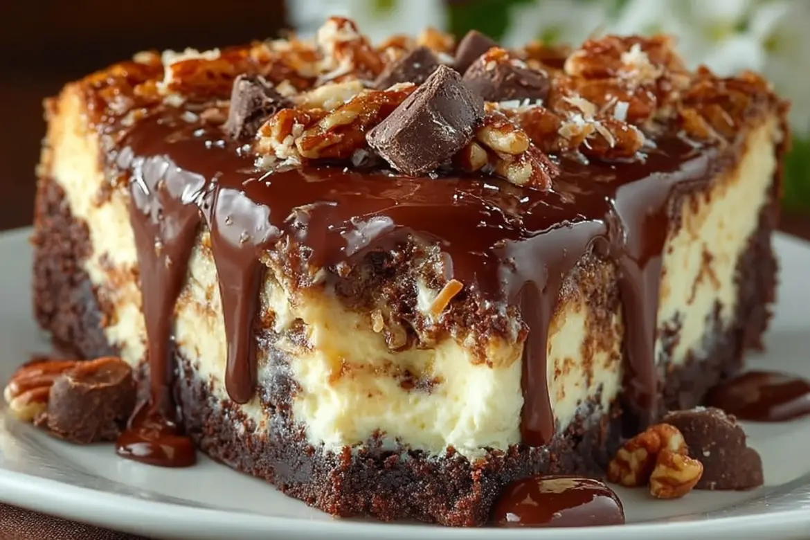 Slice of German Chocolate Cheesecake topped with coconut and pecans