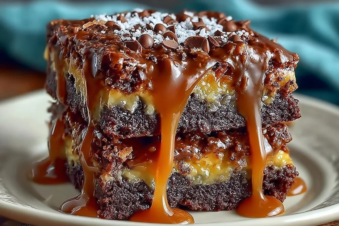 Delicious chocolate caramel turtle cake bars topped with chocolate and caramel drizzle