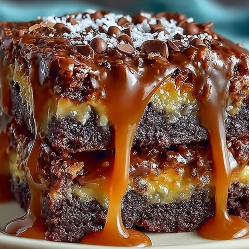 Delicious chocolate caramel turtle cake bars topped with chocolate and caramel drizzle