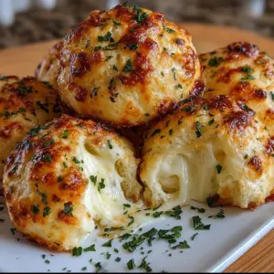 A plate of golden-brown Gooey Mozzarella Biscuit Bombs oozing with melted cheese