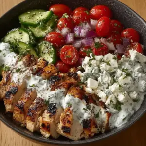 Grilled chicken Mediterranean bowl with tzatziki and colorful vegetables