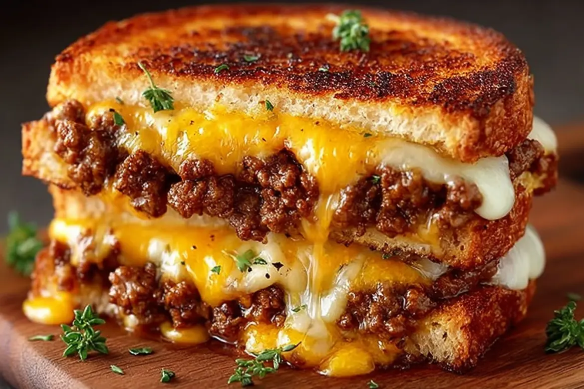 Ground beef grilled cheese sandwich with melted cheese on toasted bread