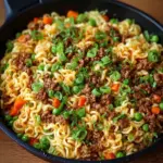 Skillet filled with ground beef, ramen noodles, and vegetables in a savory sauce